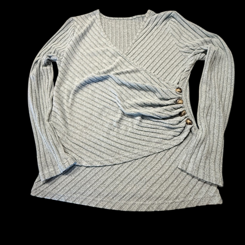 Pale Blue Ribbed Wrap Top with Button Runching - Picture 5 of 13